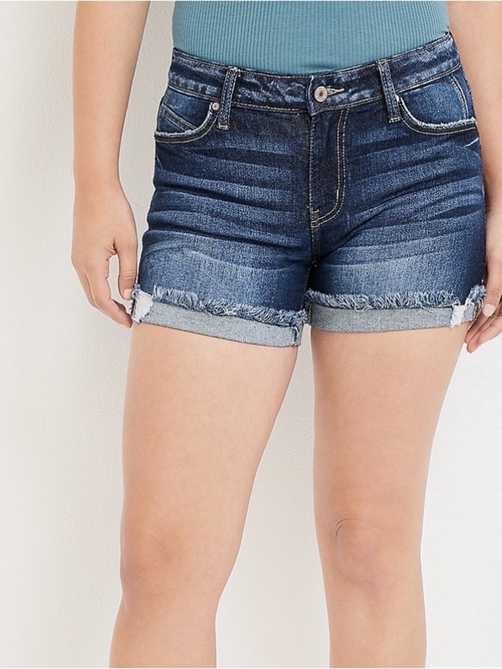 KanCan Dark Blue Mid-Rise Frayed Cuff Denim Shorts Size 26